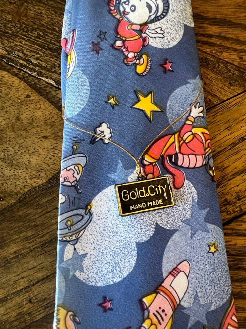 NEW Gold City Silk Necktie, Retro Space/Astronaut Cartoon Print, OS